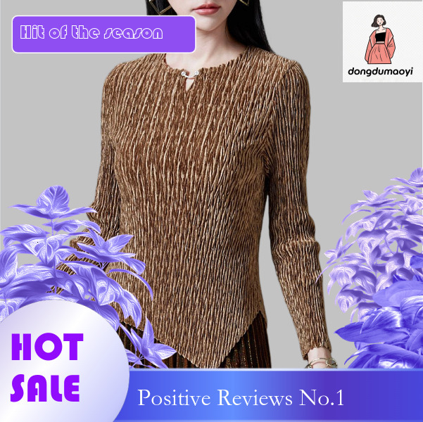 dongdumaoyi Gold velvet shirt long sleeved autumn and winter clothing 2024 new Miyake elastic pleated top women's base T-shirt