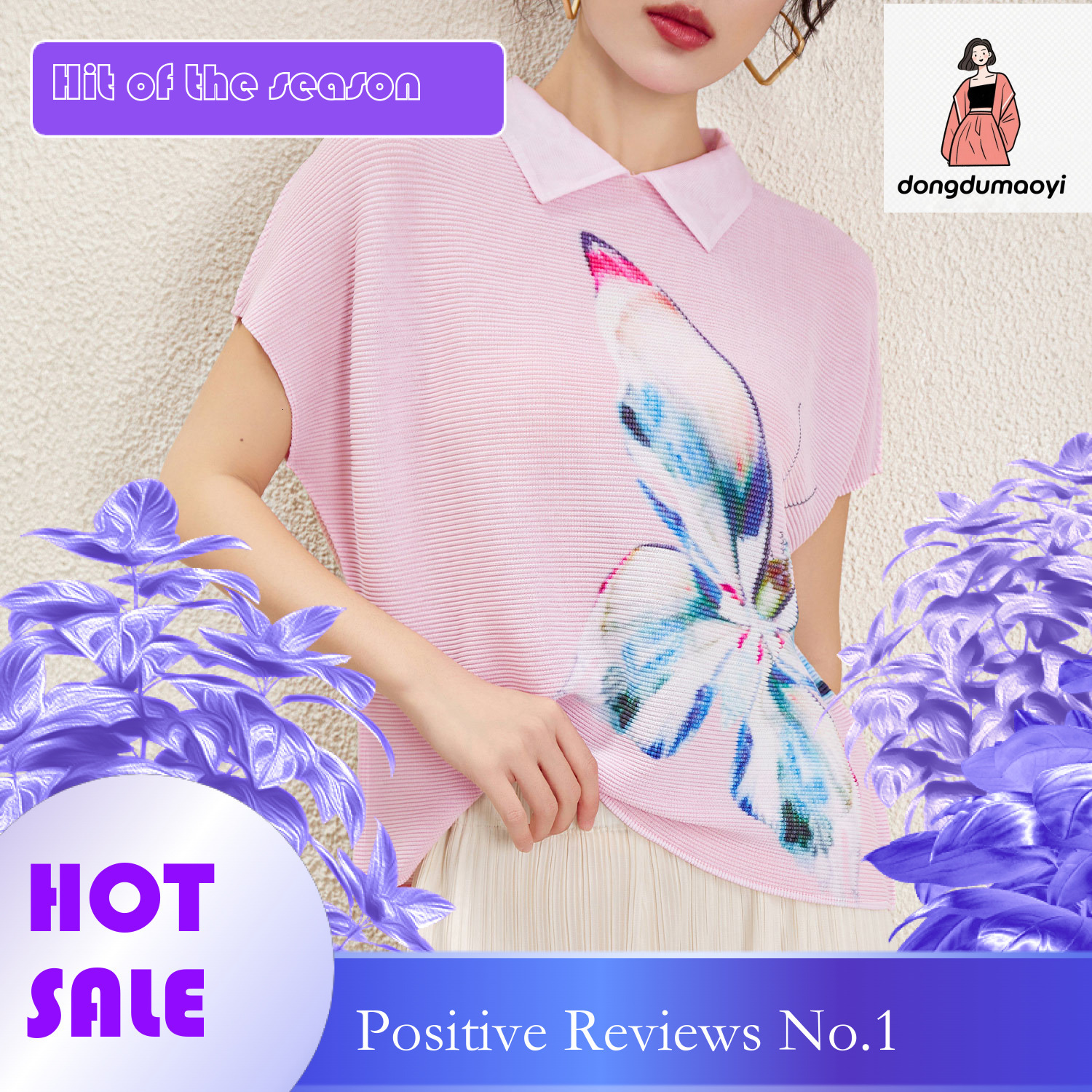 dongdumaoyi New European style short sleeved pleated top spring and summer 2024, featuring a niche design otaku. Polo small collar printed T-shirt for