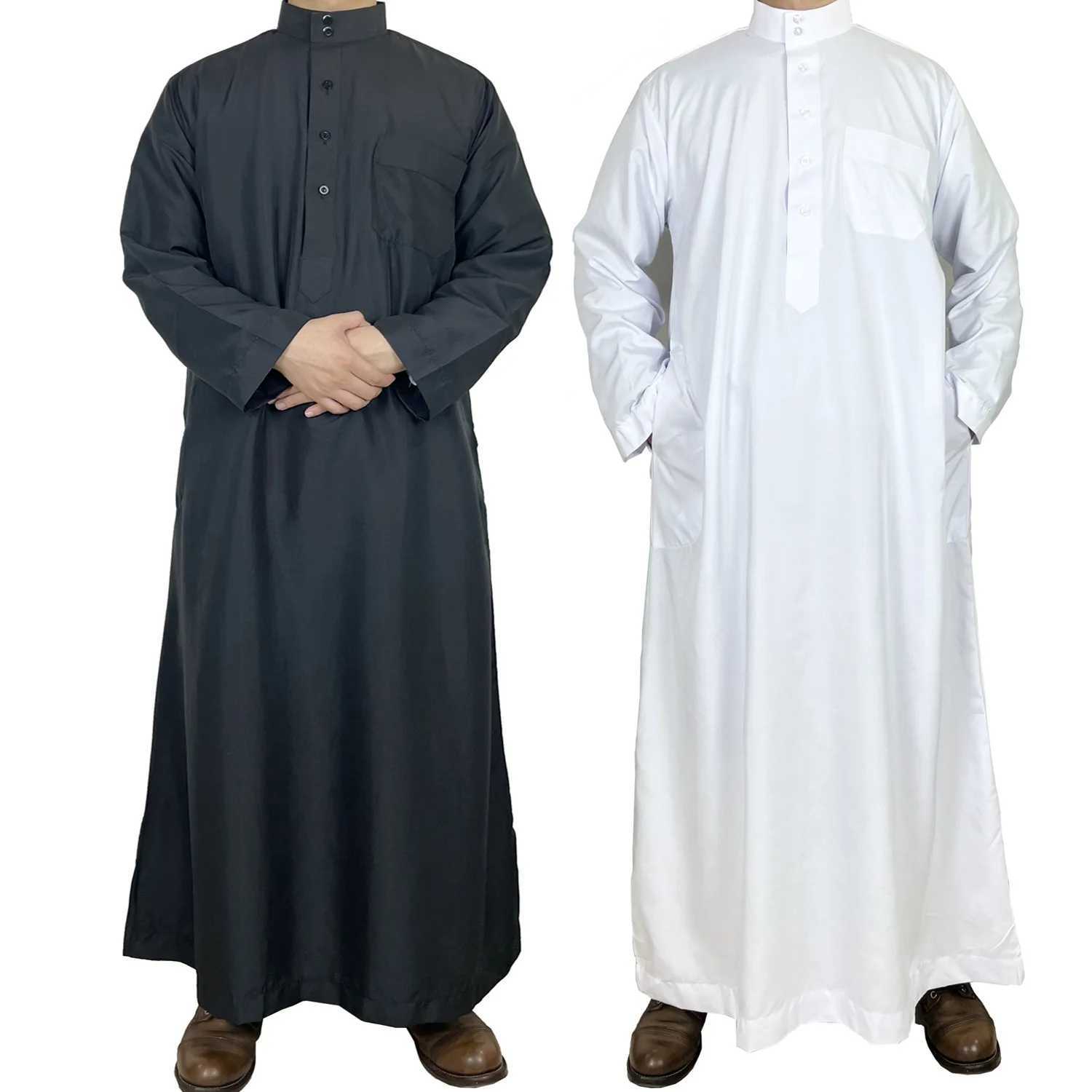 Polyester Muslim Mens Robes Qatar Stand Collar Robe Pocket Design Arab Middle Eastern Menswear Muslim Fashion Arabic X250514