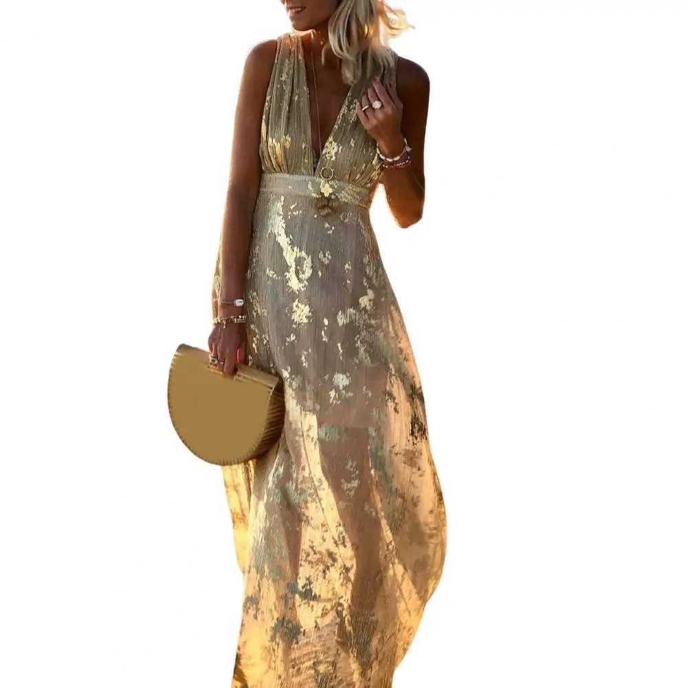 Party Dress Flowy Hem Soft Ankle-Length Elegant Bronzing Applique Casual Vest Gown Dress Beach Dress Female ClothingXJ250514