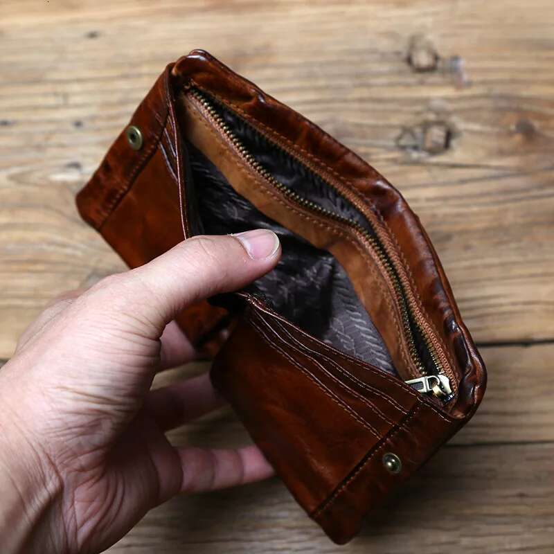 NZPJ Men's Cowhide Retro Women's Short Vegetable Tanned Leather Vertical Wallet Youth Zipper ID Card Case