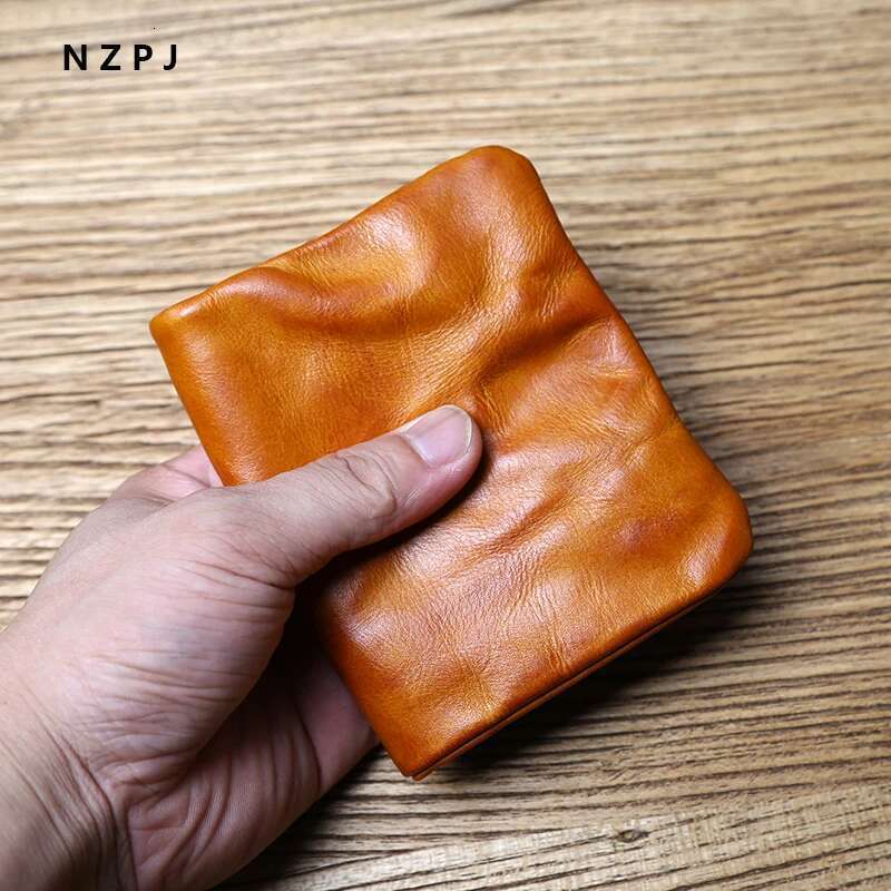 NZPJ Male Retro Female Short First Layer Cowhide Vertical Wallet Vegetable Tanned Leather Bank Card Holder