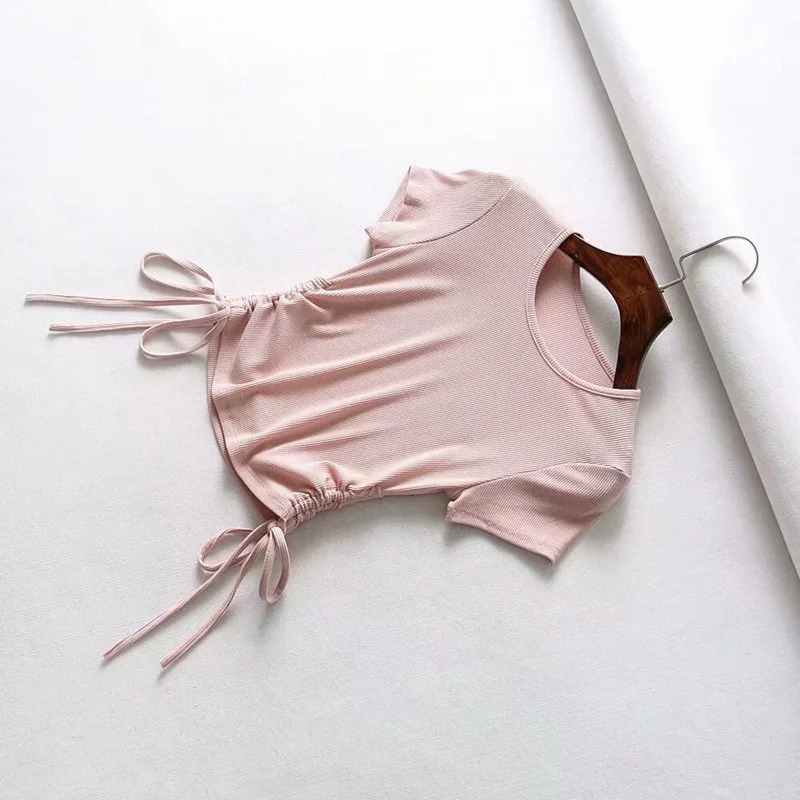 Sexy Side Drawstring Tie Up Ruched Tank Top Solid Color Slim Crop Ladies Streetwear Ribbed Knitted Tees 2023 250506