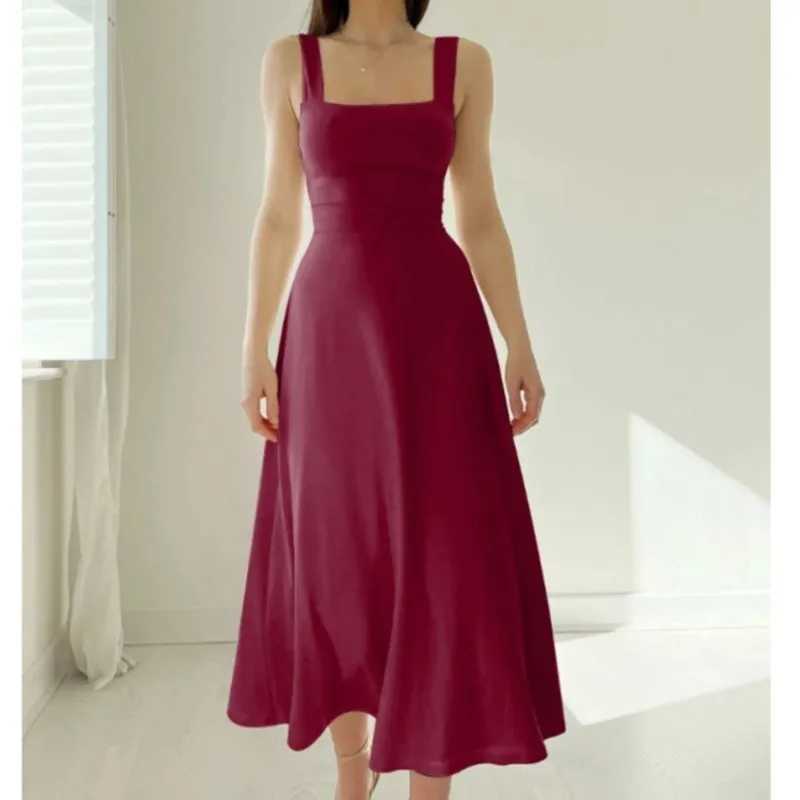 2025 Women Summer Dress Square Collar New Thick Shoulder Straps Slim Waist Dresses Solid Temperament Elegant Female DressesXJ250514