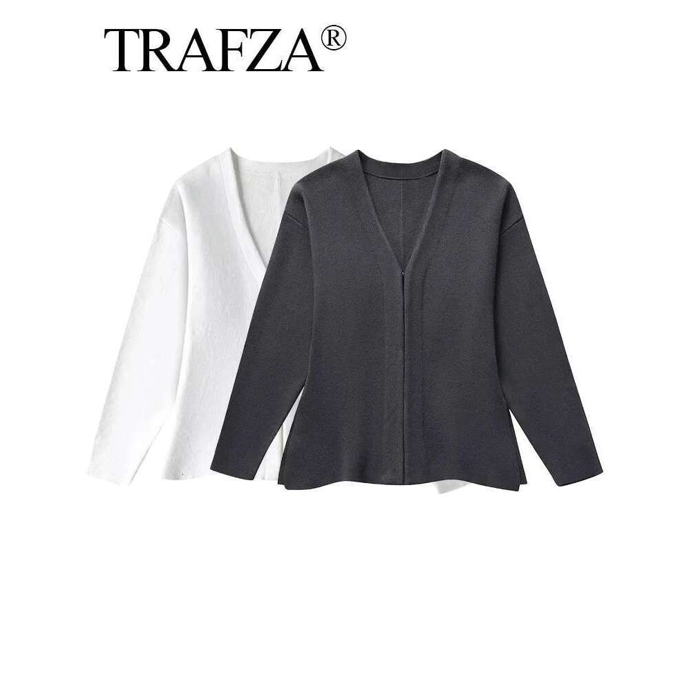 TRAFZA Women Autumn Fashion Sweater Elegant Solid V-Neck Long Sleeve Single Breasted Knitted Coat Tops Female Casual Cardigans