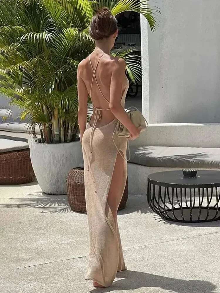 Sexy See Through Knit Backless Lace-Up Split Bodycon Beach Dress 2025 Summer Women Solid Halter Holiday Swimwear Cover-Ups A2797