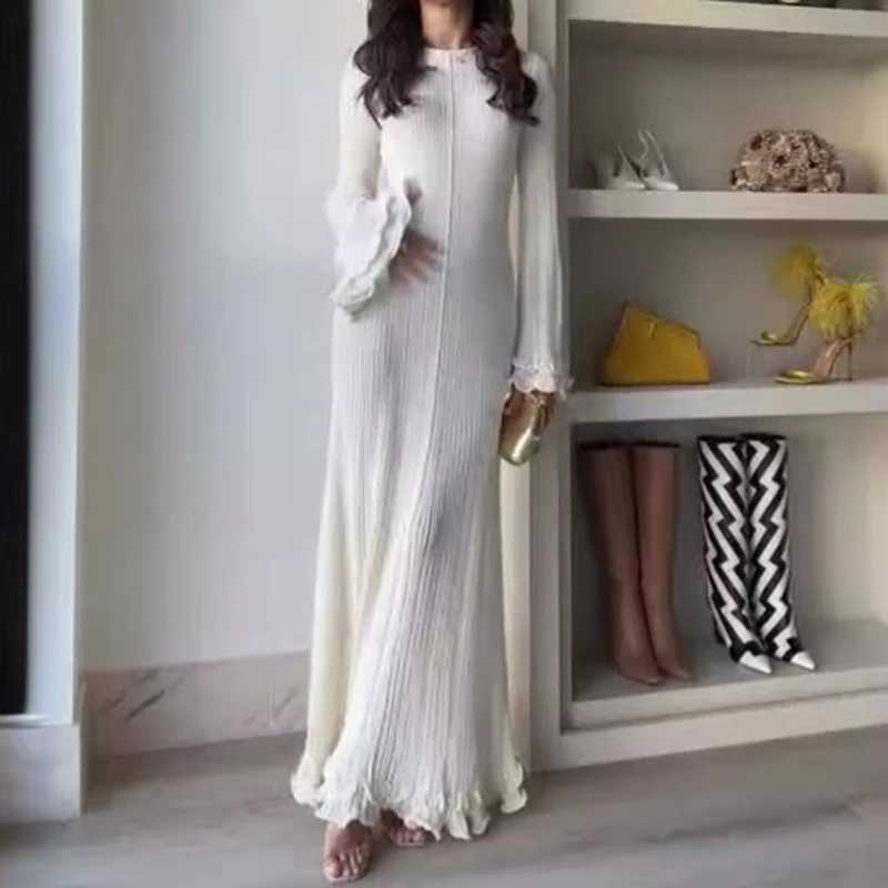 Ruffles Pleated Loose Long Dress Women Autumn Winter Fashion White O Neck Flare Elegant Party Dresses Female Streetwear OutfitsXJ250514