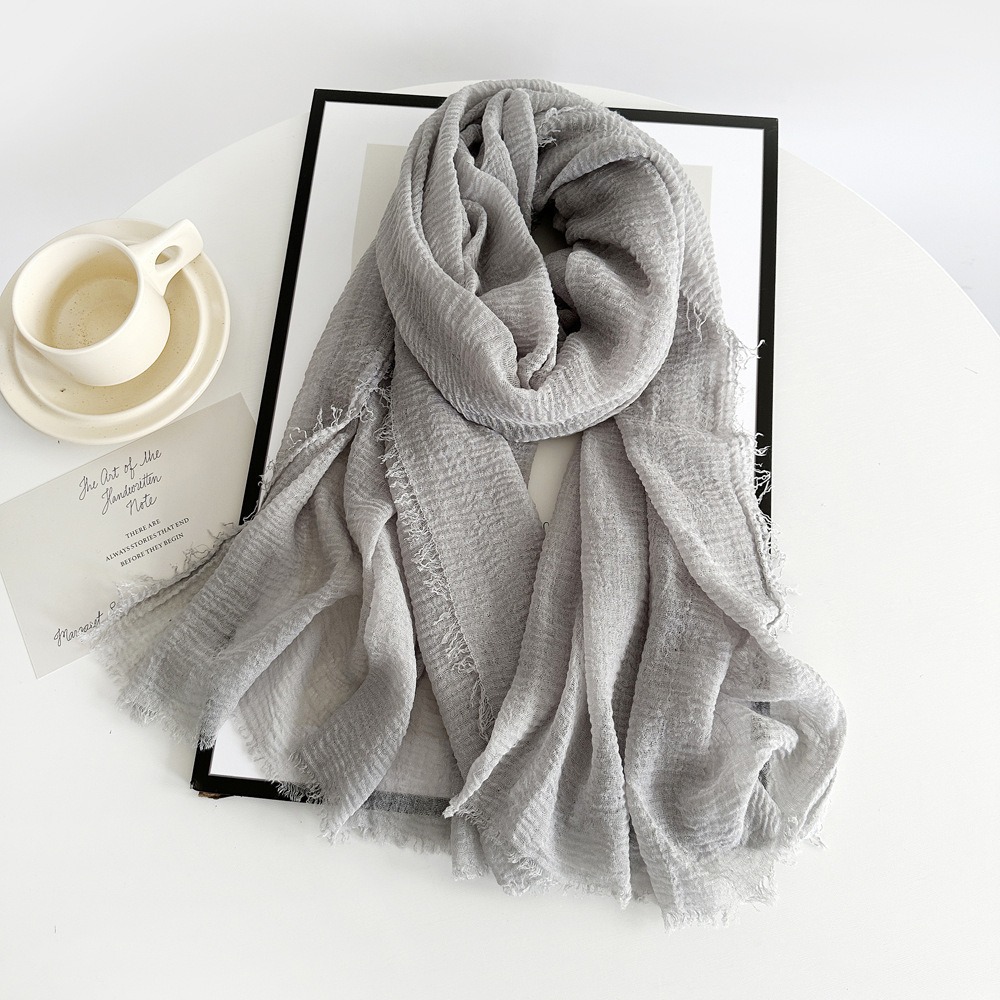 K721 Cross-border cotton and linen scarf women's gauze scarf new style solid color summer sun protection breathable shawl retro rough edge silk s