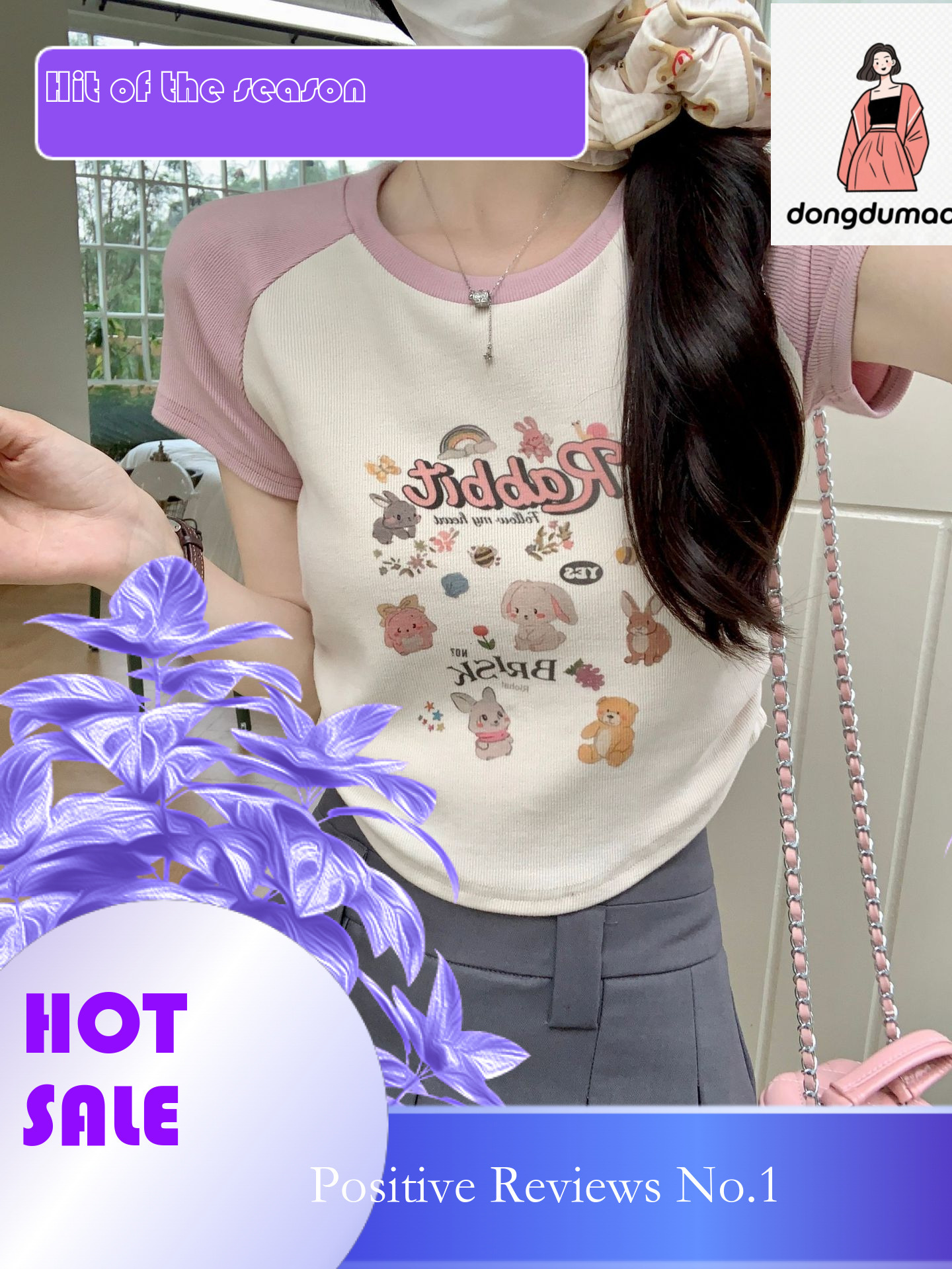 dongdumaoyi American cartoon printed raglan sleeved for women's summer new design sense, short cut slimming top T-shirt
