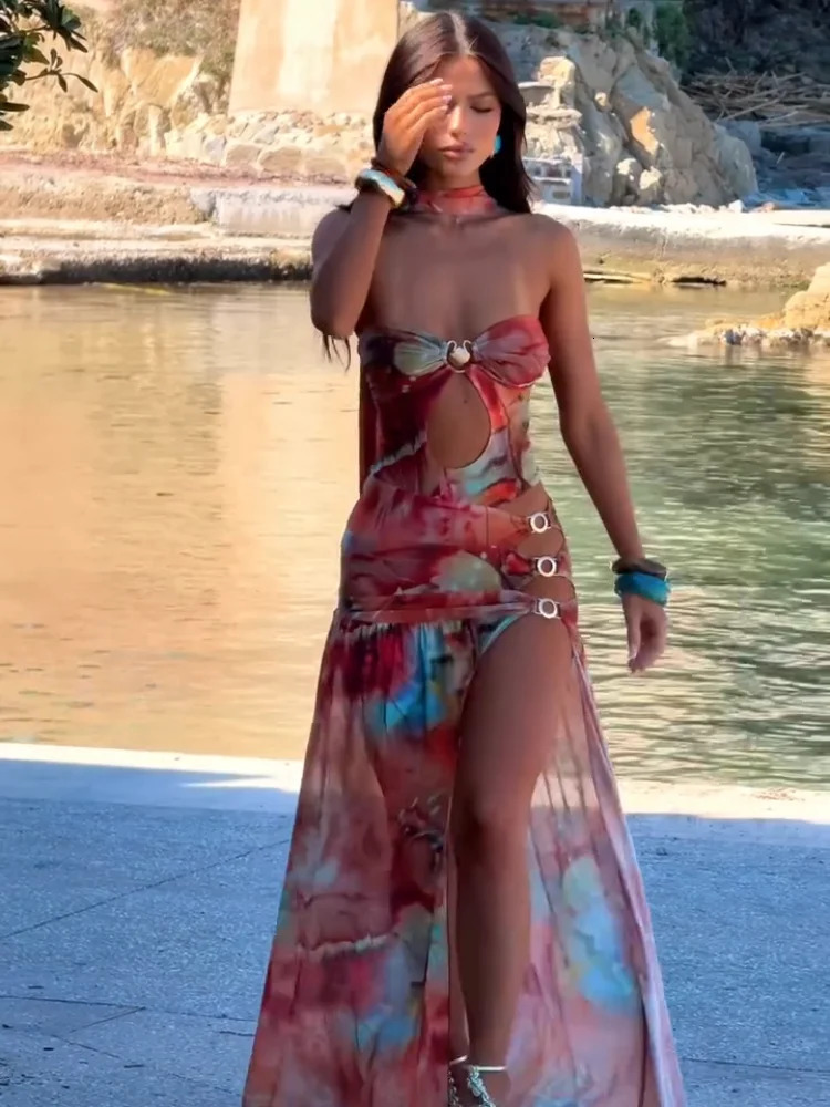 Summer Sexy Printed Hollow Out Maxi Dress Fashion Backless High Splited Bodycon Lace Up Long Dresses Women Vestidos 250514