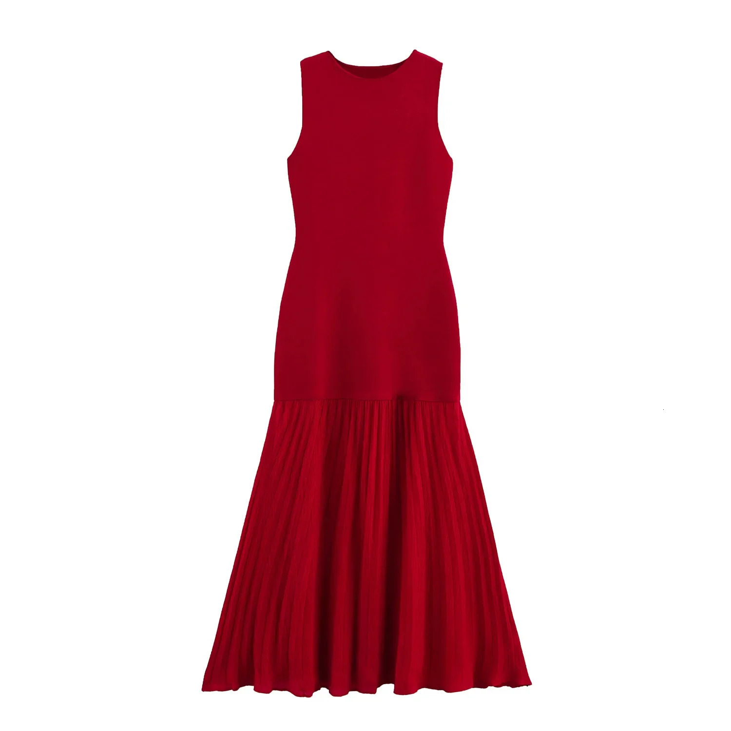 ZBZA Womens Knitted Patchwork Dress Round Neck Sleeveless Drape Loose Hem Midlength Skirt Spring Summer Fashion Long 250514