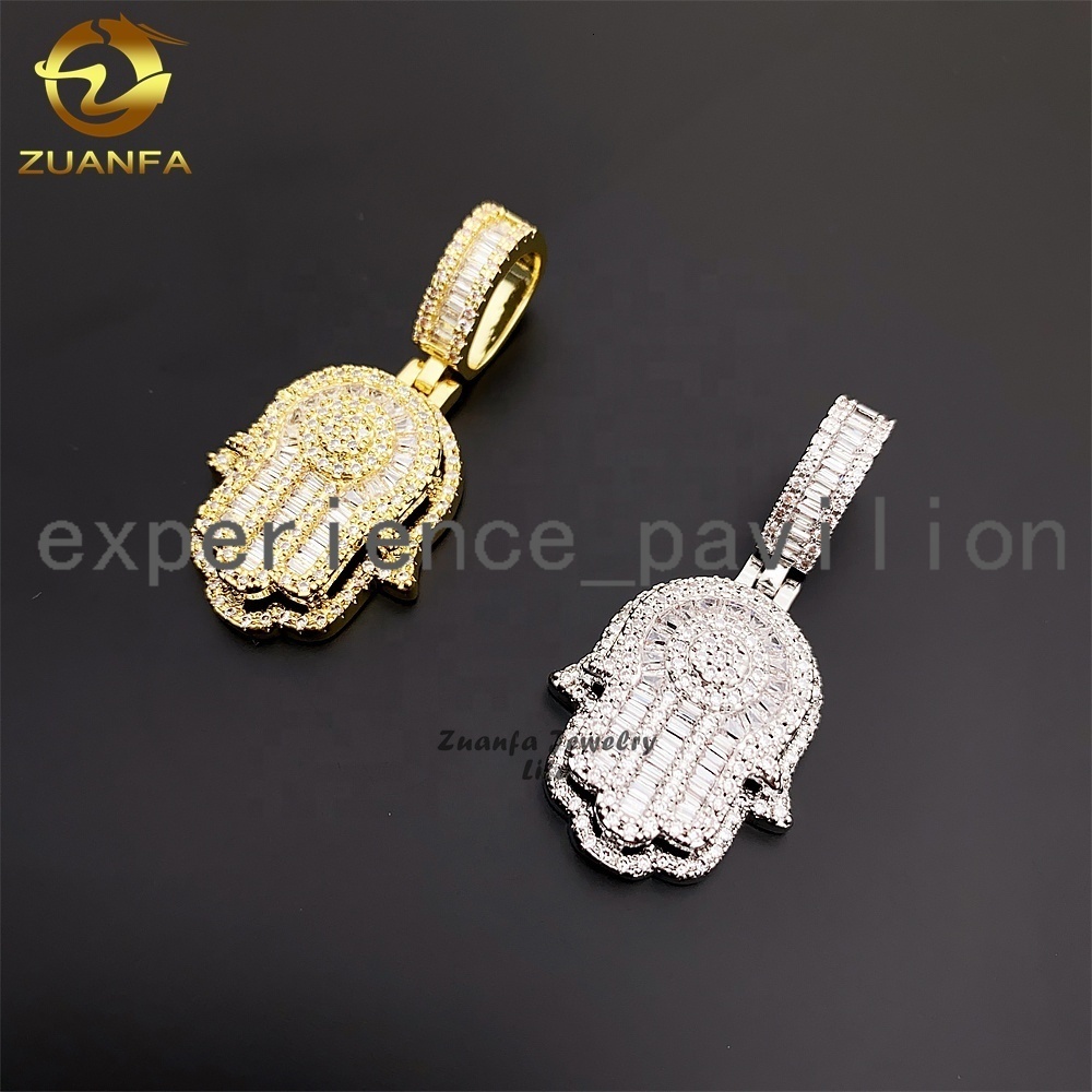 Hip Hop Jewelry baguette Diamond 925 Sterling Silver Gold Plated Charm Moissanite Hamsa Pendant