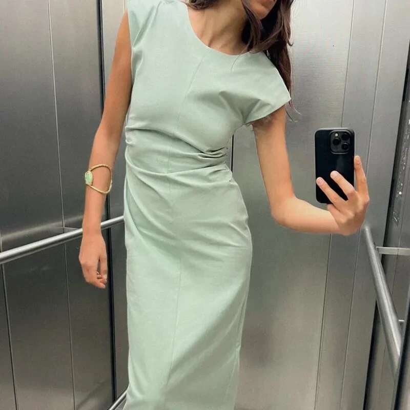 PRINTKAOIR Ruched Long For Women Bodycon Sleeveless Midi Woman Back Zipper Summer Dress Elegant Party Dresses