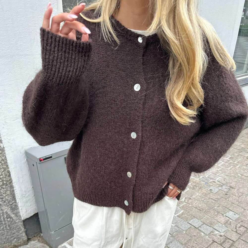 Combhasaki Women's Y2K Chic Solid Color Fuzzy Loose Cardigan Long Sleeve Button Down Round Neck Sweater Soft Knit Tops Outerwear