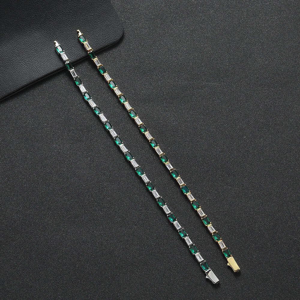 Smooth spring buckle tennis rectangular zirconia green and white stripes women, copper inlaid with zircon hip-hop minimalist bracelet for women