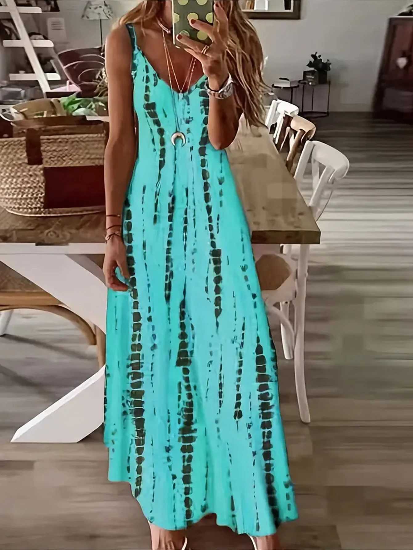 Womens Casual Loose V-neck Tie Dye Printed Spaghetti Maxi Dress Summer Beach Vacation Long DressXJ250514