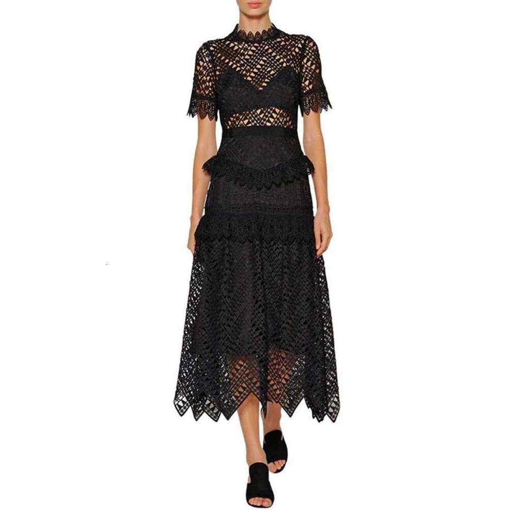VGH Vintage Lace Irregular Dresses For Women Stand Collar Short Sleeve High Waist Spliced Ruffles Sexy Sheer Folds Dress Female