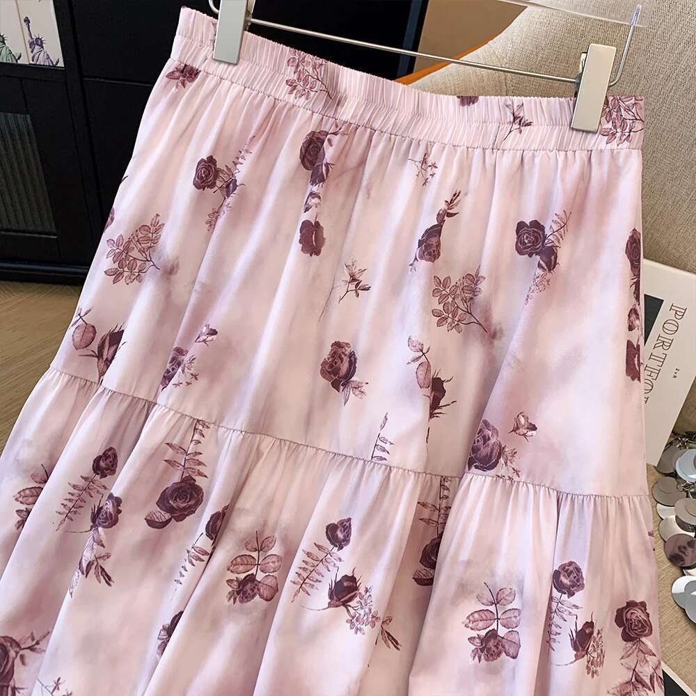 Plus-size Women's Fall/Winter Casual Commuter Loose Comfortable Skirt Pink chiffon print A-line elastic waist lined long skirt