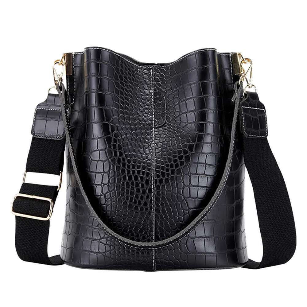 Leather Crossbody Women Large-Capacity Patchwork Fashion Bucket Bags Crocodile Pattern Shoulder Messenger Handbag