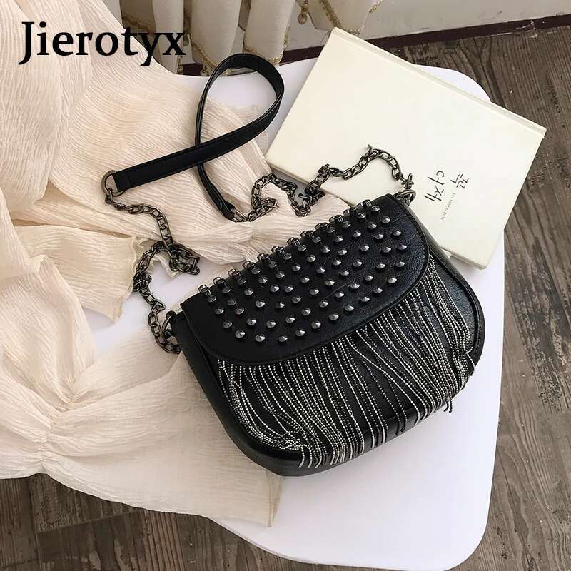 JIEROTYX Original Design Women Leather Dias Bags Sexy Rivet Shoulder Bag Lady Small Black Tassel Chains