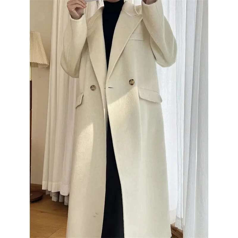 100% Wool Blends Coat Women Korean Thicken Long Jackets Oversized Lace Up Outwear Double-sided Cardigan Woolen Overcoat