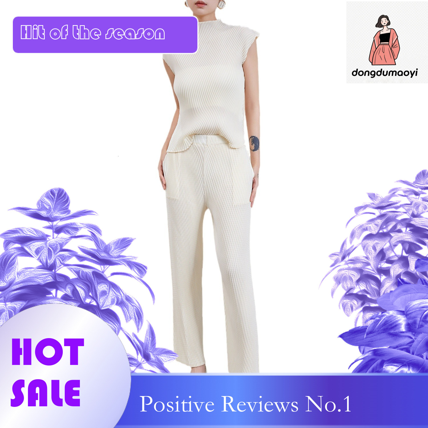 dongdumaoyi Fashionable pleated suit women's 2024 spring/summer new style simple casual short sleeved T-shirt top versatile slimming straight leg