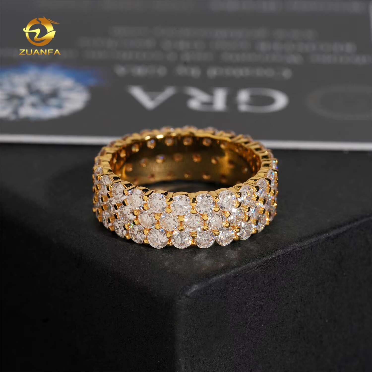 Hot Sale 3rows Moissnaite Gold Pated Sterling Silver 925 Hip Hop Band Mens Rings Fine Jewelry