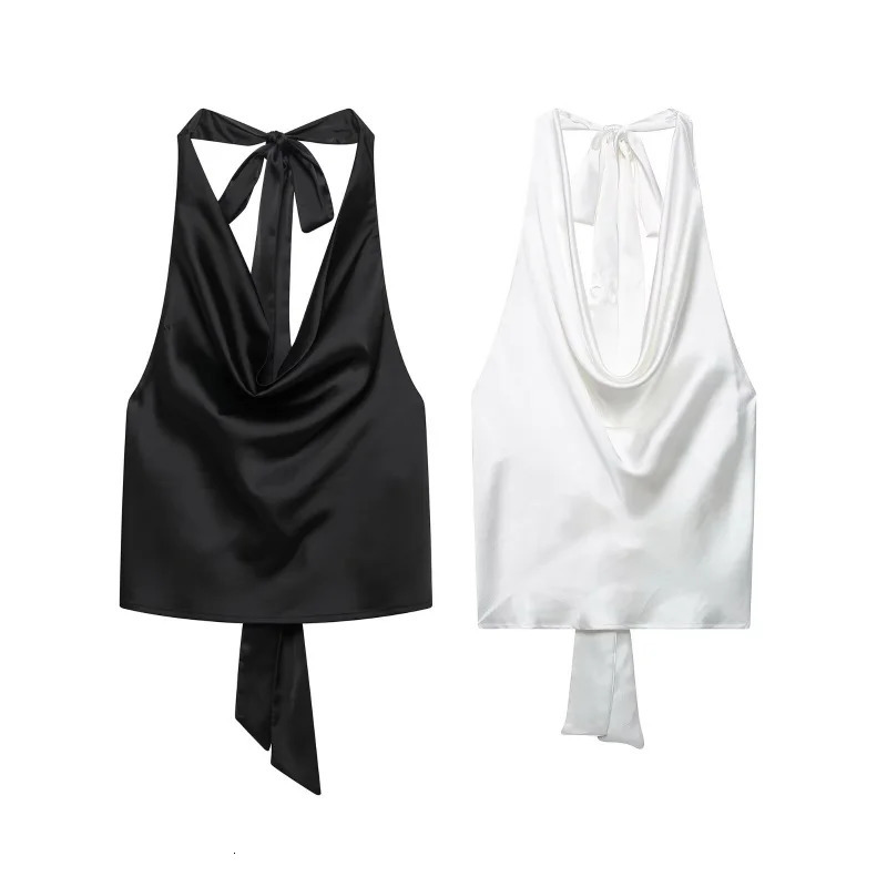 Womens Elegant Satin Halter Blouse with Adjustable Drap Neck Female Camisole Sexy Open Back Sleeveless Holiday High Street Top 250514
