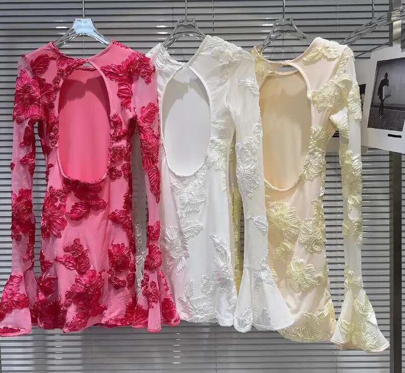 Getspring Dress Flare Sleeve Printing Embroidery Vintage Long Sleeves Backless Sexy Dresses Women 2024 New