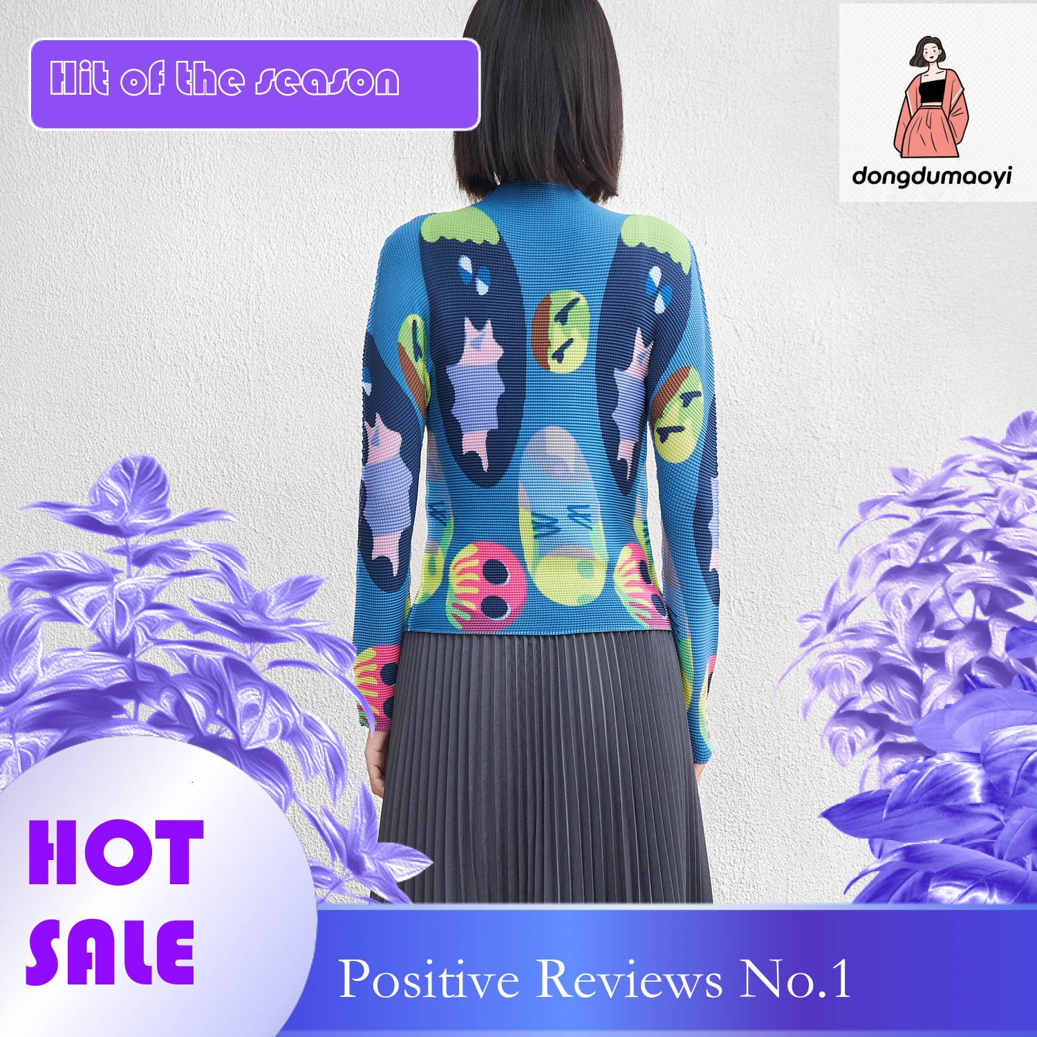 dongdumaoyi Miyake Half High Collar Bottom Shirt for Women 2025 New Style Spring and Autumn Winter Inner Fold Slimming Long Sleeve Thin Printed Top