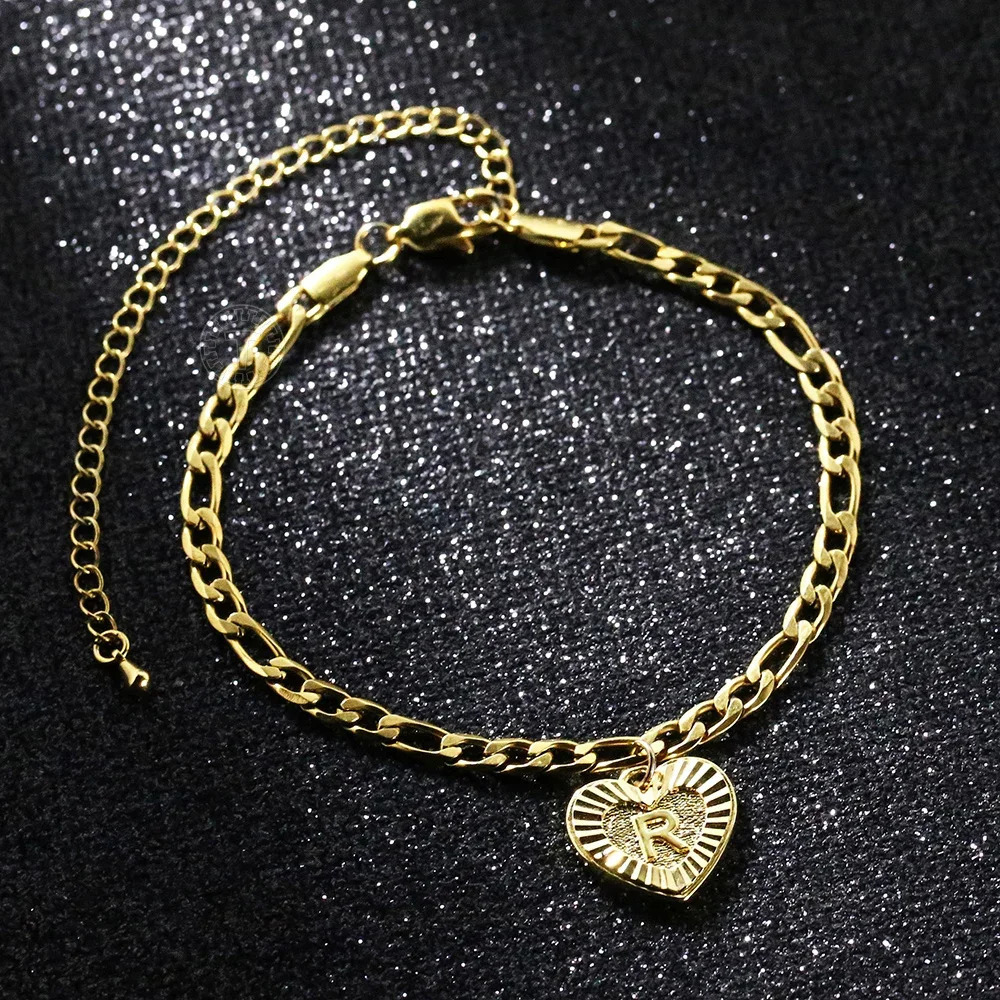 5mm Heart Shaped Anklet for Women Initial A Z Letter Charm Gold Color Stainless Steel Figaro Link Chain Anklet DKA16 250513