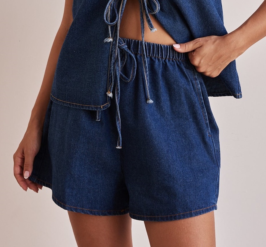 Summer fashion casual sleeveless lace up high waisted womens vest denim suit shorts