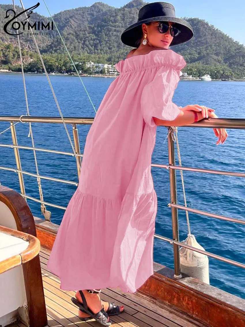 Oymimi Fashion Pink Cotton Womens Dresses Casual Slash Neck Three Quarter Sleeve Dress Elegant Loose Pleated Ankle-Length DressXJ250514