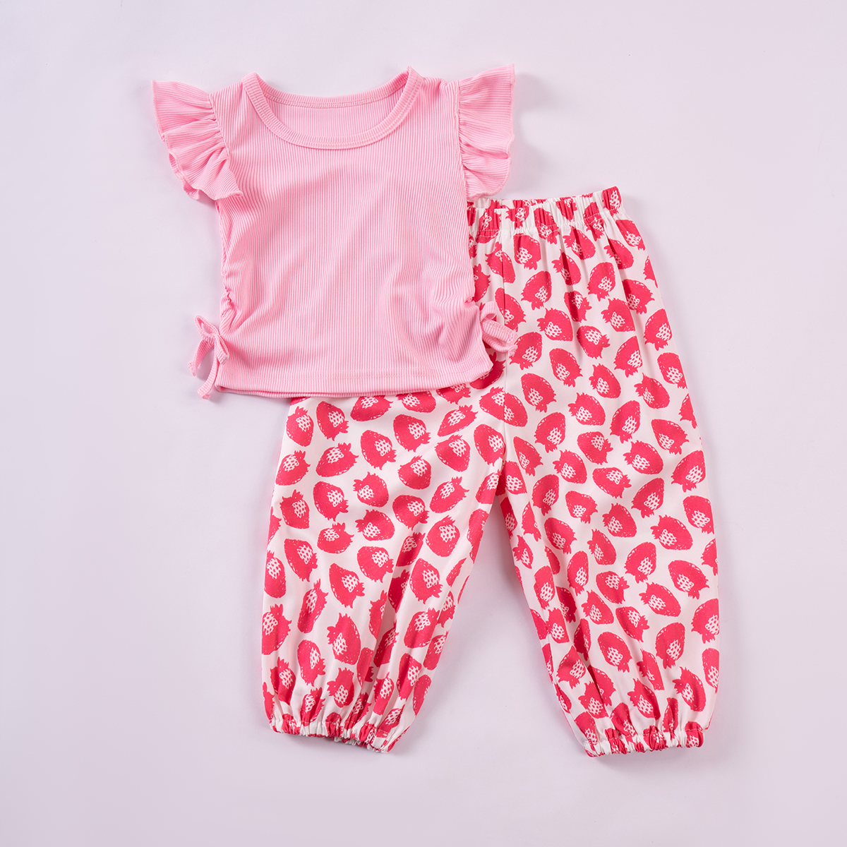Summer new baby girls casual set butterfly sleeves solid color top cute waisted printed pants, daily wear and party wear, suitable for outings T5SS021
