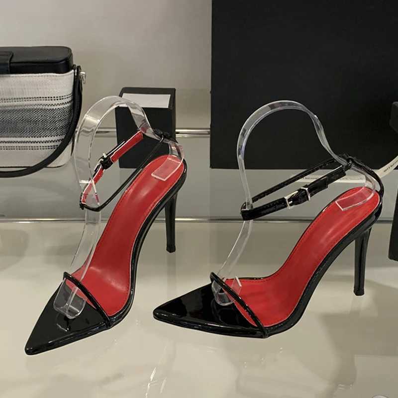 Likes 2025 Summer Fashion White Patent Leather Ankle Strap Sandals Women Sexy Pointed Open Toe Stripper Heels Wedding Prom Shoes W250514