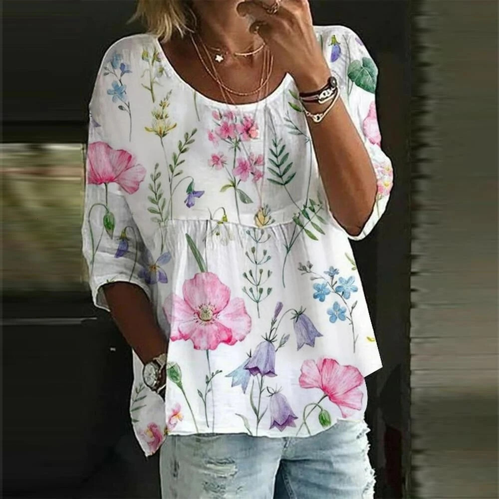Fashion Loose Shirt Woman Elegant RoundNeck Printed Casual Holiday Weekend Top 250514