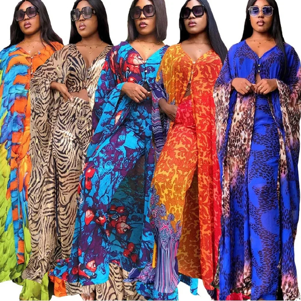 Plus Size African Womens Clothing High Quality Digital Printing Chiffon Cardigan LooseFit Trousers 2Piece Se 250506