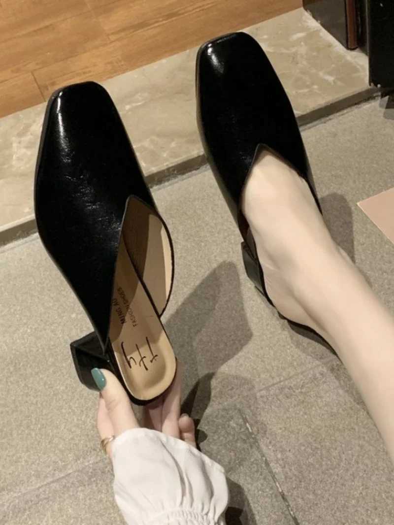 Baotou Half Slippers Women 2024 Summer New Outer Wear Fashion Solid Color Square Toe Thick Heel High-heeled Womens Shoes W250514
