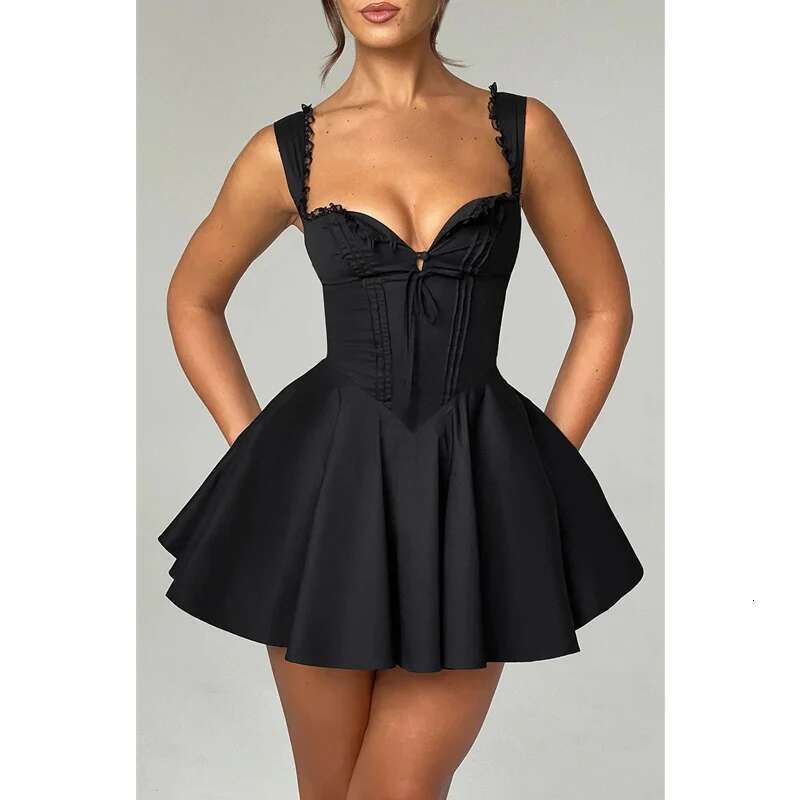 Lamuusaa Corset Women Sexy Clothes Solid Color Square Collar Sleeveless Ruffle Hem A Line Mini Dress Club Party Dresses