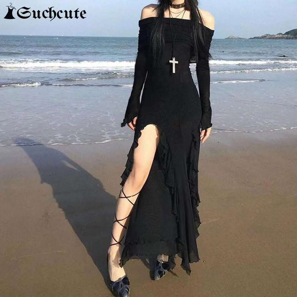SUCHCUTE Elegant Off Shoulder Ruffles Split Dress Black Fashion Long Sleeve Party Dresses Women Beach Vacation Outfits