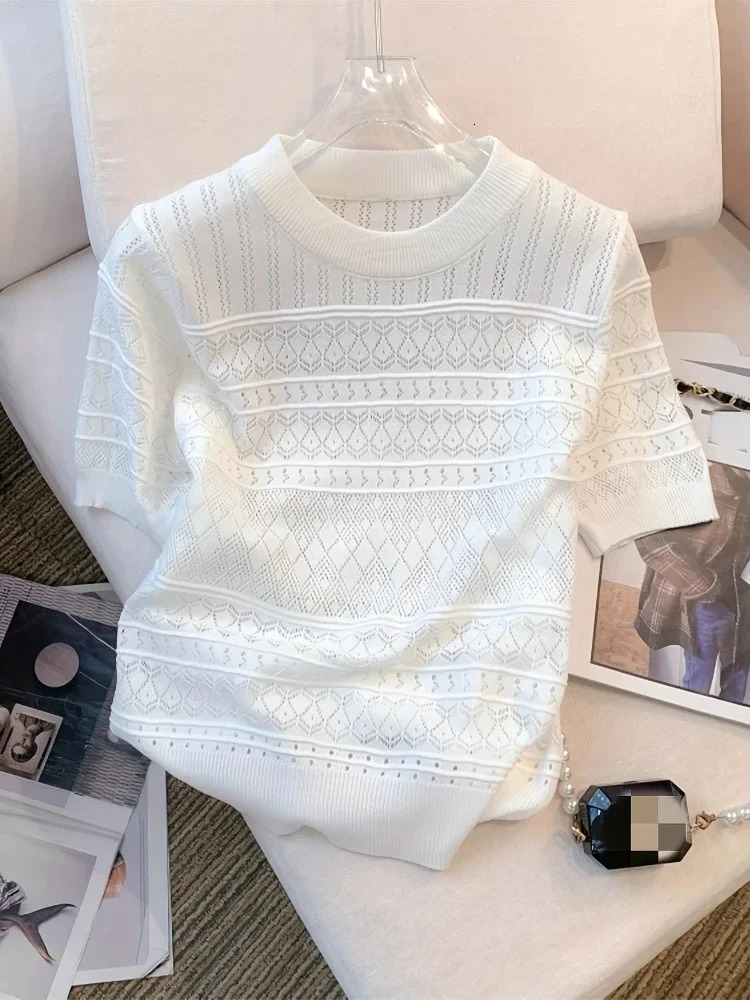HELIAR Women Hollow Out Knitted Tshirt Sweet Thin Short Sleeve Crop Top Solid Oneck Tees Summer Beach Holiday Pullover 250514