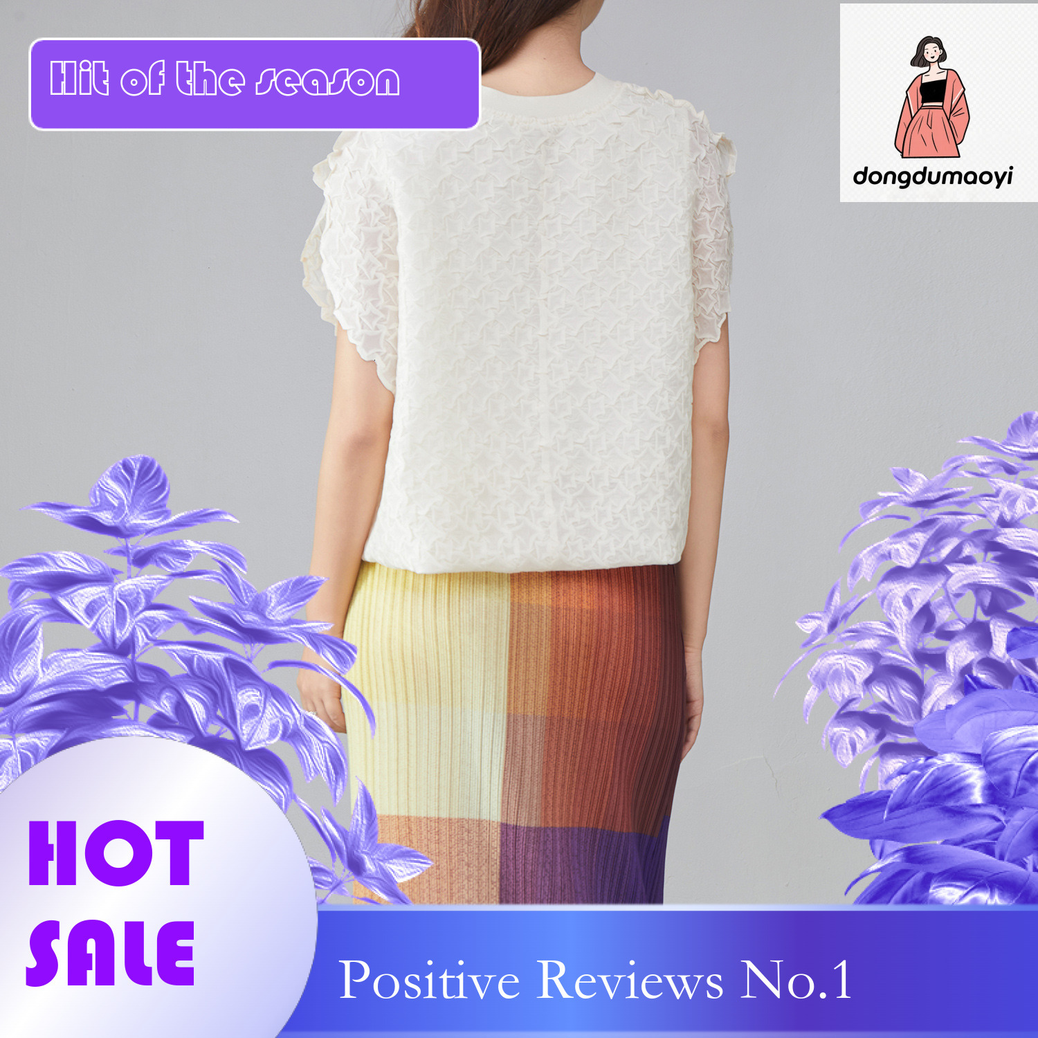dongdumaoyi High end temperament, pleated texture, unique front shoulder shirt, summer new style, hollowed out hook flower, elegant age reducing and s
