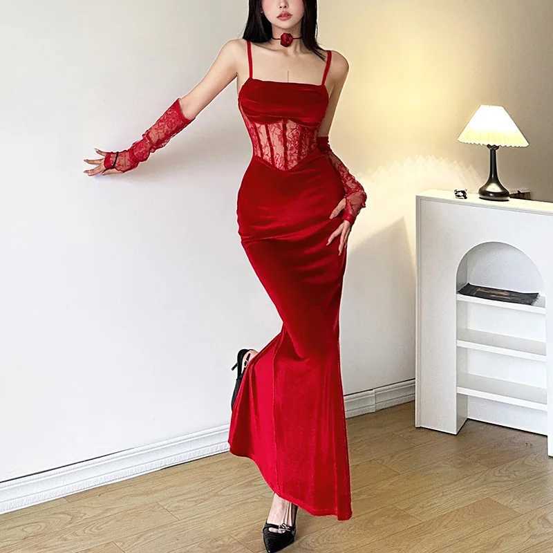Nibber Winter Sisters Party Formal Senior Elegant Mature Sexy Beautiful Dirty Womens Long Lace Fishbone Sling Dress With SleeveXJ250514