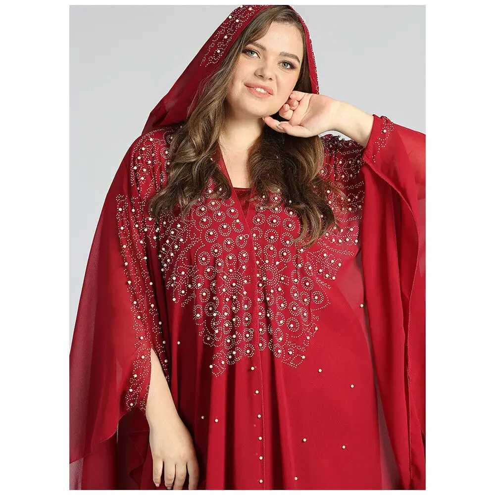 Fashion African Muslim Womens Bat Slves Loose Robe Evening Gown Kaftan Rhinestone Beaded Hooded Chiffon Maxi Dress X250514