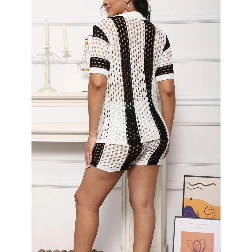 Plus Size Summer New Women's Holiday Set 2 Pieces Crochet Button Cardigan and Trousers Beach Cover Up