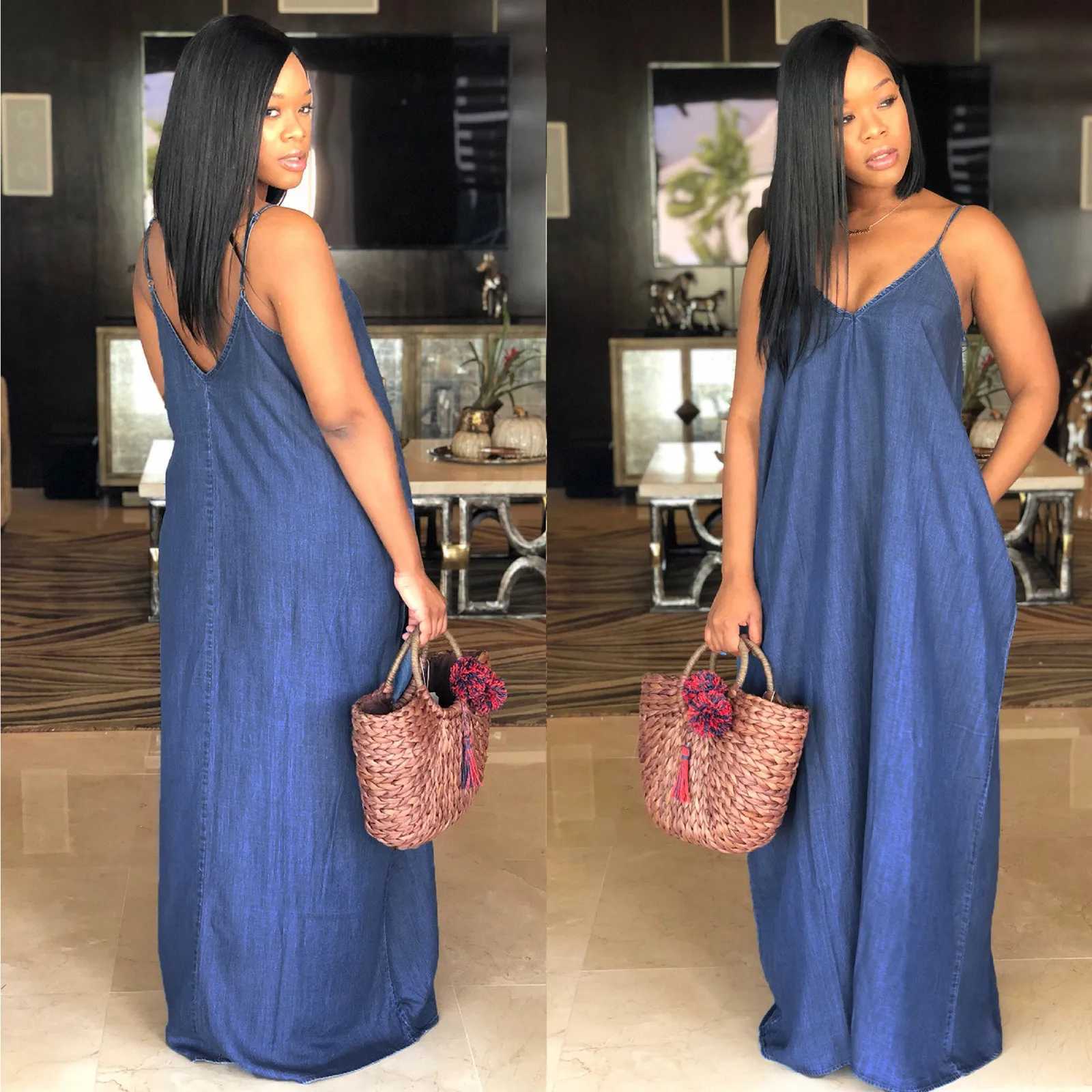 Oversized Dress Women Sleeveless Loose Long Suspenders Dresses Sexy V Neck Casual Denim Style Plus-Size Women Dresses Y2kXJ250514