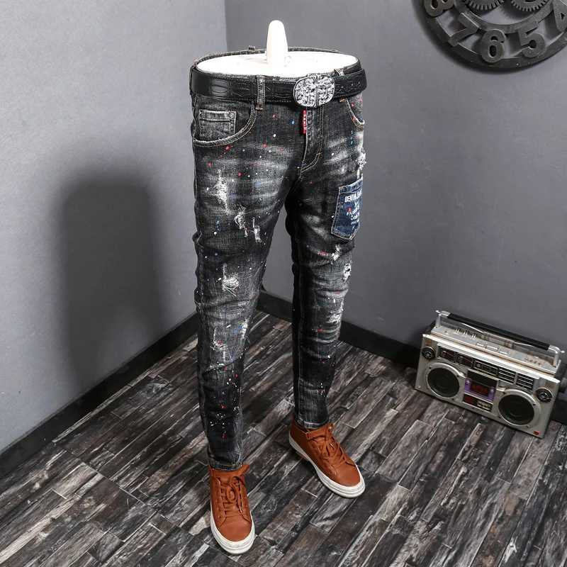 Strt Fashion Men Jeans Retro Black Gray Stretch Skinny Ripped Jeans Men Painted Designer Spliced Hip Hop Denim Pencil Pants X250514
