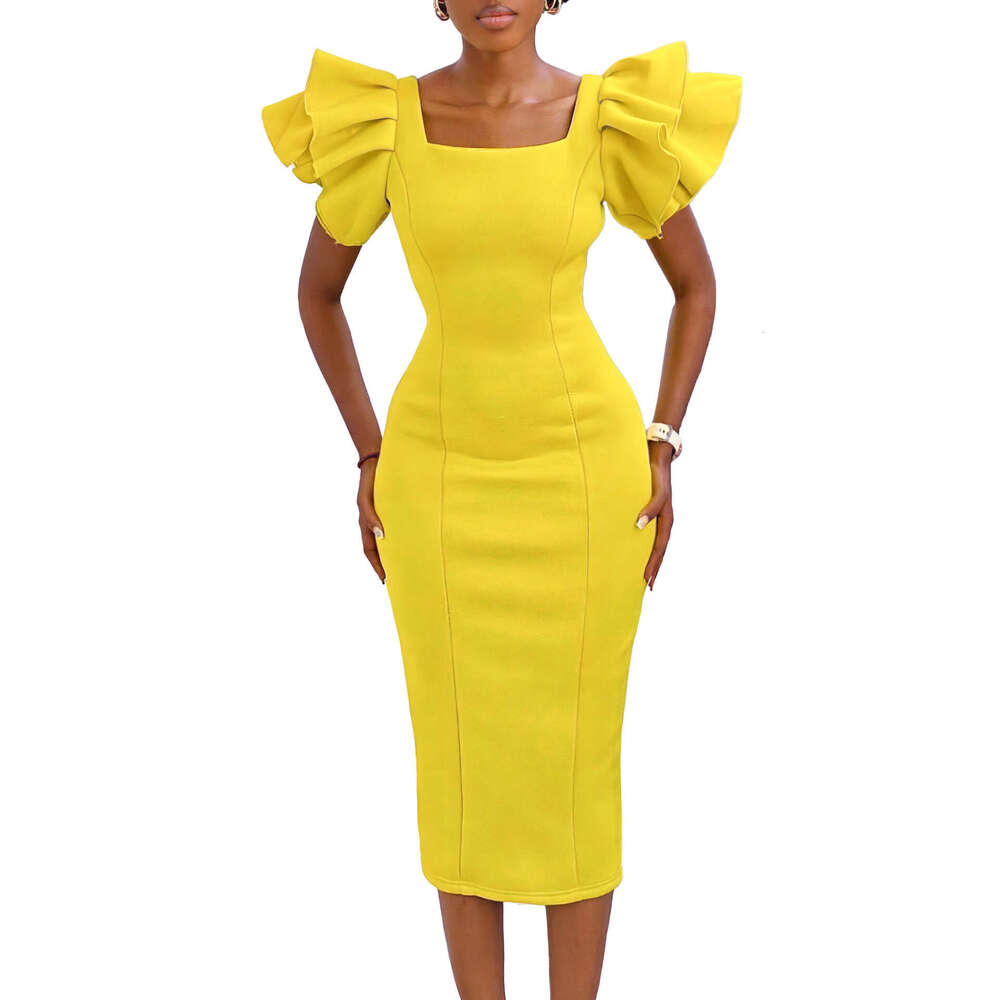 Women's Wear Women's Wear Women's Temperament Commuting Square Neck Ruffle Sleeves Socialite Party Dress