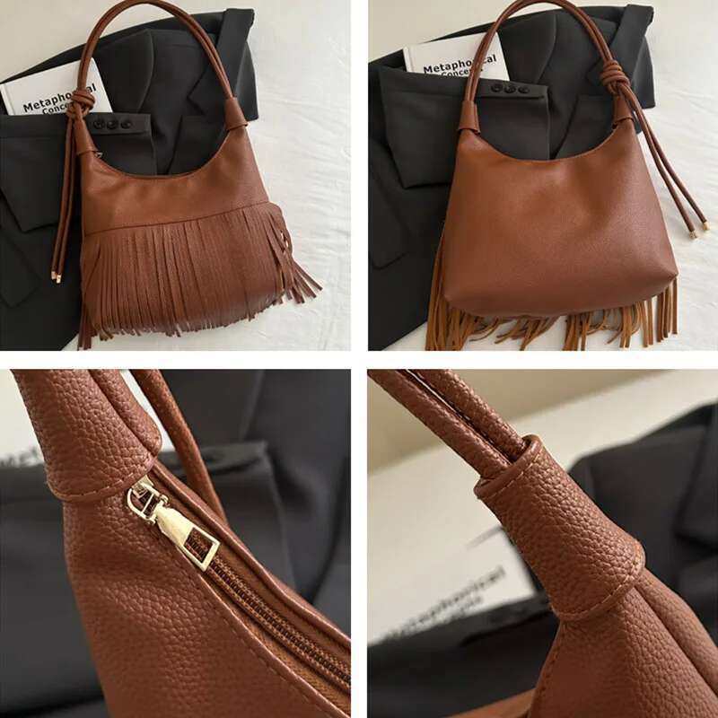 Vintage Tassel Shoulder Bag For Women Daily Used, Soft PU Leather Versatile Crossbody Bags Ladies Casual Handbag