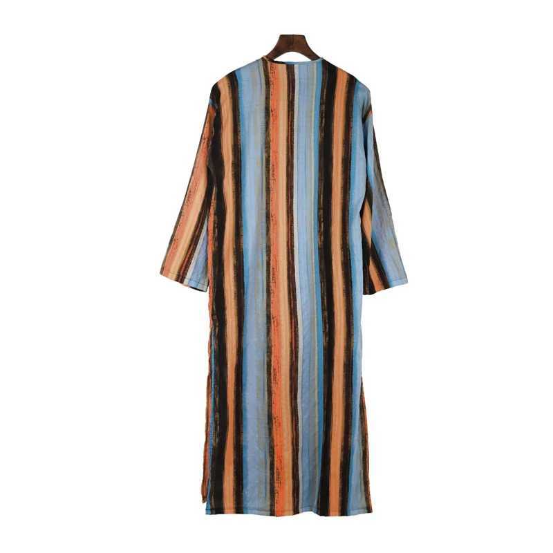 Mens Muslim Robes Striped Printed Long Sleeve Cotton Pockets Robes Button-down Leisure Vintage Islamic Arab Kaftan Dubai New X250514